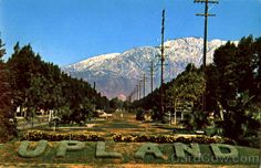 an old postcard with the name upland in front of a snow capped mountain range