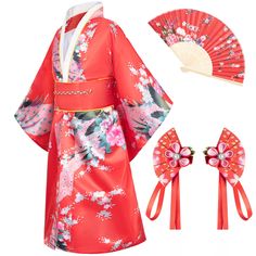 PRICES MAY VARY. Material:High quality satin polyester(Imitation silk) Package includes: Kimono robe , Belt, Backband, Silk folding fans，Hairstick -5 piece set Suit for: Daily wear ,Children party dress,Fun as birthday or holiday gifts,Halloween party uniforms, Cosplay party uniforms. A great costume or gift for festival and so on This kimono Yukata robe with classic traditional Japanese style will provide you a soft and comfortable experience.Luxurious silky feel and look, It is light weight an Cute Cat Costumes, Japanese Kids, Kimono Gown, Baby Costumes Girl, Folding Fans, Red Kimono, Dress Kimono, Children Party, Lounge Robes