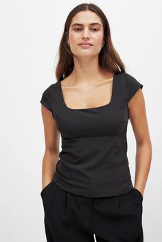 Cap Sleeve Corset Top Black | NA-KD Chic Square Neck Tops, Casual Square Neck Tops For Night Out, Stretch Square Neck Top For Workwear, Black Elastane Blouse For Summer, Black Elastane Summer Blouse, Black Scoop Neck Top For Work, Chic Fitted Cap Sleeve Tops, Chic Fitted Tops With Cap Sleeve, Black Square Neck Top In Elastane