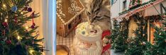 a cat is eating cake from a santa clause sleigh next to a christmas tree