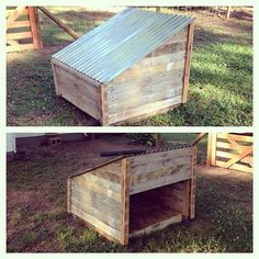 two pictures of a dog house made out of pallet wood and metal roofing