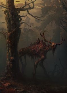 an animal with horns standing next to a tree in the middle of a foggy forest