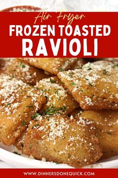 frozen toasted ravioli on a plate with parmesan cheese