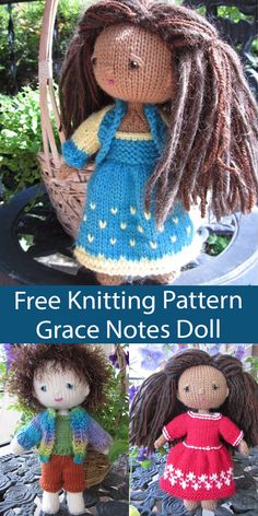 three knitted dolls sitting next to each other on top of a table with text overlay that says free knitting pattern grace notes doll