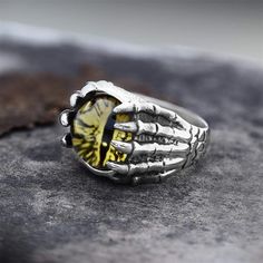 GTHIC Ring Yellow / 7 Dragon Eye Stainless Steel Skull Claw Ring Skeleton Fingers, Skeleton Finger, Mens Stainless Steel Rings, Claw Ring, The Skeleton, Dragon Eye, Stainless Steel Ring, Eye Ring, Let It Go