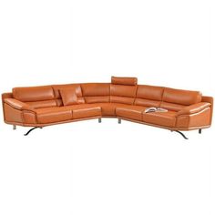 an orange leather sectional sofa with two reclinings on the back and one end