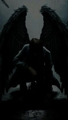 a man kneeling down with two large black wings on his head and hands in front of him