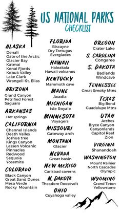 the us national parks checklist is shown in black and white, with pine trees