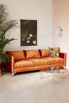 an orange leather couch sitting next to a plant in a living room