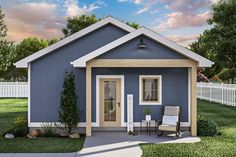 a small blue house with two chairs in the front yard