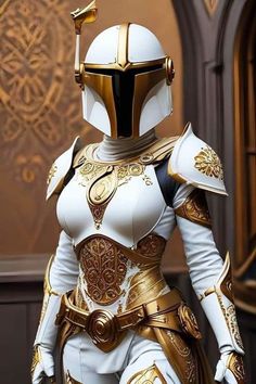 a woman dressed in white and gold armor