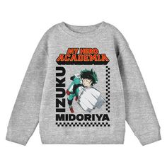 Rep your favorite manga series whenever you sport this youth graphic sweatshirt! The My Hero Academia pullover features a big colorful image of the character Izuku Midoriya that has been professionally printed to outlast any adventure life throws your way. The popular manga series sweatshirt features a ribbed crew neck for clean-cut style and comfort in cooler weather. Made of 100% preshrunk cotton, the heather gray My Hero Academia fan apparel can be machine washed with like colors, then tumble Anime Cotton Sweatshirt With Crew Neck, Superhero Long Sleeve Tops With Character Print, Anime Style Sweatshirt With Anime Print For Fans, Cartoon Print Long Sleeve Sweatshirt For School, Anime Style Long Sleeve Tops With Anime Print, Anime Graphic Print Sweatshirt For Winter, Anime Print Long Sleeve Tops, Anime Print Long Sleeve Top For Fans, Long Sleeve Anime Print Top For Fans