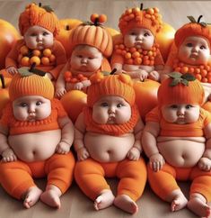 a group of babies dressed in pumpkin costumes