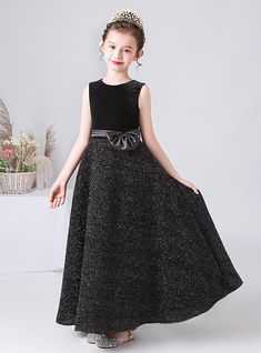 Black Velvet Scoop Neck Flower Girl Dress Black Flower Girl Dress, Sleeveless Flower Girl Dresses, Long Flower Girl Dresses, Neck Flower, Pink Ball Gown, Sparkle Skirt, Quinceanera Dress, Full Length Skirts, Corset Bodice