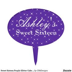 a purple cake topper with the words astley's sweet sixteen on it