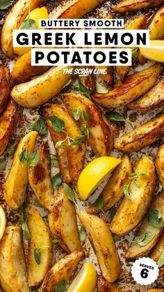 a sheet pan filled with baked potato wedges and lemon slices on top of it