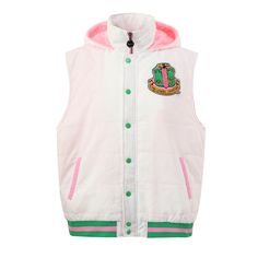 Unisex size, go down a size. -White nylon with pink stitching -Pink and green ribbing with Sherpa lining -Green buttons -Chenille Embroidered Applique Logo hooded Aka Hoodie, Pink Cotton Outerwear With Fleece Lining, Aka Sweatshirts & Hoodies, Alpha Kappa Alpha Paraphernalia Sweatshirts & Hoodies, Aka Sorority Gifts Coats & Jackets, Alpha Kappa Alpha Sorority Sweatshirts & Hoodies, Green Button, Sherpa Lined, Puffer Vest