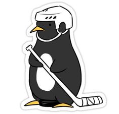 a penguin with a hockey sticker on it