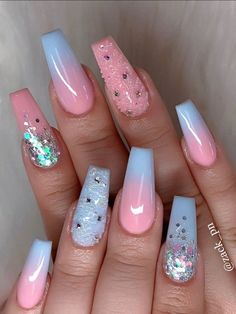 Bright Summer Acrylic Nails, Blue Ombre Nails, Summer Acrylic, Pink Ombre Nails, Ombre Nails Glitter, Nail Art Designs Summer