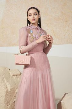 Feminine Sheer Dress For Fall, Feminine Sheer Long Sleeve Dress, Feminine Long Sleeve Sheer Dresses, Feminine Long Sleeve Sheer Midi Dress, Spring Evening Dress With Mesh Sleeves, Feminine Long Sleeve Dress With Pleated Sleeves, Elegant Spring Midi Dress With Mesh Sleeves, Feminine Long Sleeve Spring Wedding Dress, Spring Dresses With Long Mesh Sleeves