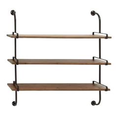 three tiered shelving unit with metal handles and wood shelves on each shelf, isolated against a white background