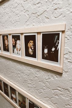 four pictures hanging on the side of a wall with people's faces in them