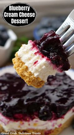 A fork with a bite of blueberry cream cheese dessert on it. Blueberry Cream Cheese Dessert, Easy Blueberry Dessert, Easy Cream Cheese Recipes, Deserts With Cream Cheese, Cream Cheese Desserts Easy, Cream Cheese Recipes Dessert, Cheese Ideas