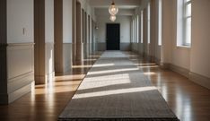 an empty hallway with light coming through the windows