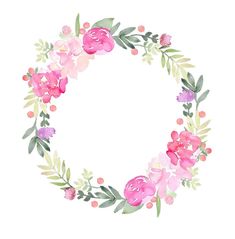 a watercolor wreath with pink flowers and green leaves