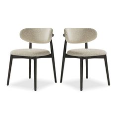 two chairs with black legs and white upholstered backrests, one in grey fabric