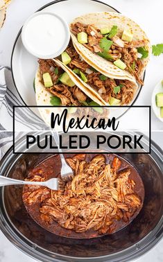 mexican pulled pork in a slow cooker with tortillas and avocado