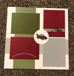 a card with a red truck on it and green squares in the middle that says happy christmas