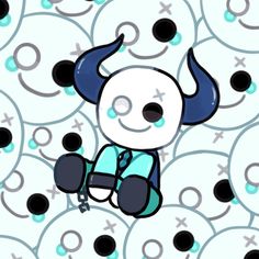 an animal with horns and blue shirt sitting in front of many black circles on a white background