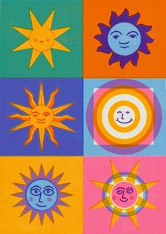 an image of sun and moon in different colors with faces on each one piece of paper