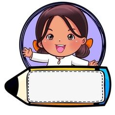 a cartoon girl holding a pencil in front of her face with an empty sign underneath it