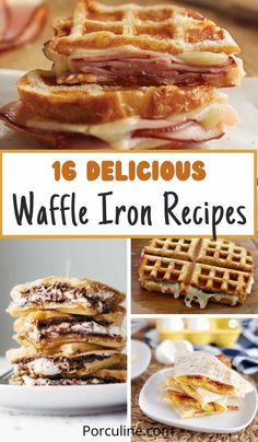 waffle iron recipe collage with text overlay that reads 16 delicious waffle iron recipes