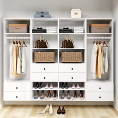 a white closet with shoes, bags and purses on the shelves next to it