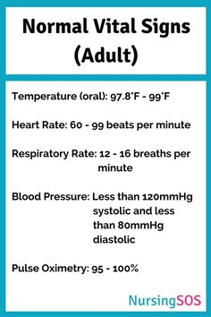 a blue and white sign with the words normal vital signs adult written in black on it