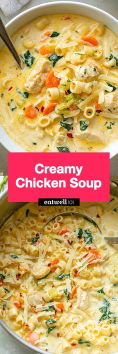 creamy chicken soup with noodles, carrots and spinach