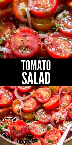 tomatoes and onions being cooked in a skillet with the words tomato salad above them