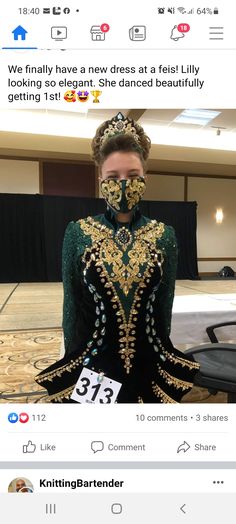 a woman wearing a green and gold costume