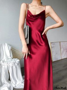 Olivia Mark - Exquisite Three-Tiered Evening Gown Red Satin Maxi Dress For Formal Occasions, Elegant Red Slip Dress For Night Out, Elegant Red Evening Slip Dress, Red Sleeveless Slip Dress For Formal Occasions, Red Fitted Satin Maxi Dress, Sleeveless Red Slip Dress For Formal Occasions, Elegant Red Satin Maxi Dress, Elegant Red Sleeveless Satin Dress, Formal Red Slip Dress