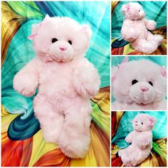 four pictures of a white teddy bear with pink ears and tail sitting on a colorful background