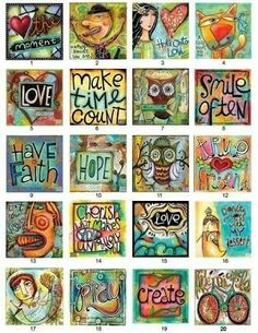 many different art cards with words on them