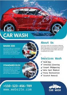 car wash flyer template with water splashing on the front and side of the vehicle