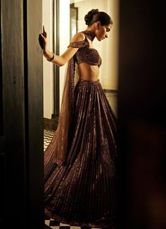 Copper Crystal Linear Embroidered Organza Lehenga Set Vvani By Vani Vats - Fabilicious Fashion Brown Bollywood Choli With Zari Work, Festive Brown Lehenga With Dupatta, Bollywood Style Brown Choli With Zari Work, Brown Lehenga For Wedding And Festivals, Brown Wedding Lehenga For Festivals, Brown Lehenga With Dupatta For Wedding, Brown Wedding Lehenga With Traditional Drape, Festive Brown Choli With Zari Work, Festive Brown Dress With Intricate Embroidery