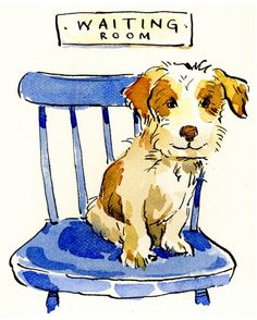 a drawing of a dog sitting on a blue chair with a waiting sign above it