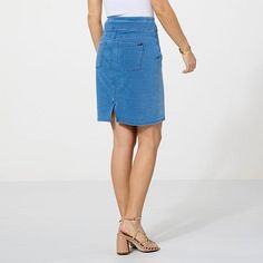 HUE Game Changing Denim Pencil Skirt  Effortless and flattering, HUE presents a pencil skirt that changes the game. Made of the softest, stretchy denim, comfort waistband and functional back pockets makes this garment a reliable go-to. Spring Stretch Pencil Skirt With Pockets, Spring Pencil Skirt With Pockets And Stretch, Stretch Pencil Skirt With Pockets For Spring, Stretch Denim Pencil Skirt With Pockets, Casual Stretch Pencil Skirt Short Length, Chic Stretch Denim Pencil Skirt, Stretch Short Denim Skirt With Lining, Medium Wash Stretch Mini Skirt, Stretch Cotton Denim Skirt Knee-length