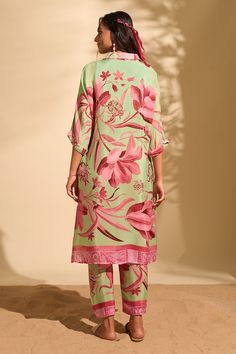 Lime green, pink kurta with floral print and bead embroidery. Paired with printed pant. - Aza Fashions Bohemian Green Sets For Spring, Bohemian Green Spring Set, Pista Green Palazzo Set With Floral Embroidery For Spring, Pista Green Floral Embroidery Palazzo Set For Spring, Pista Green Floral Embroidered Palazzo Set For Spring, Green Floral Embroidered Sets For Spring, Green Floral Embroidery Sets For Spring, Green Floral Embroidery Spring Sets, Green Silk Kurta With Floral Print