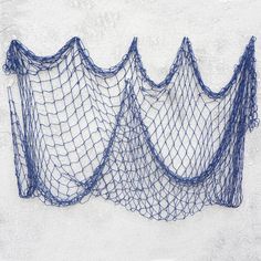 three blue nets are hanging on the side of a white wall, with one net attached to it's sides